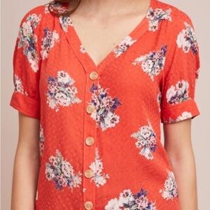 Anthropologie Maeve Floral Button-Up Puff Sleeve short Sleeve shirt - Orange